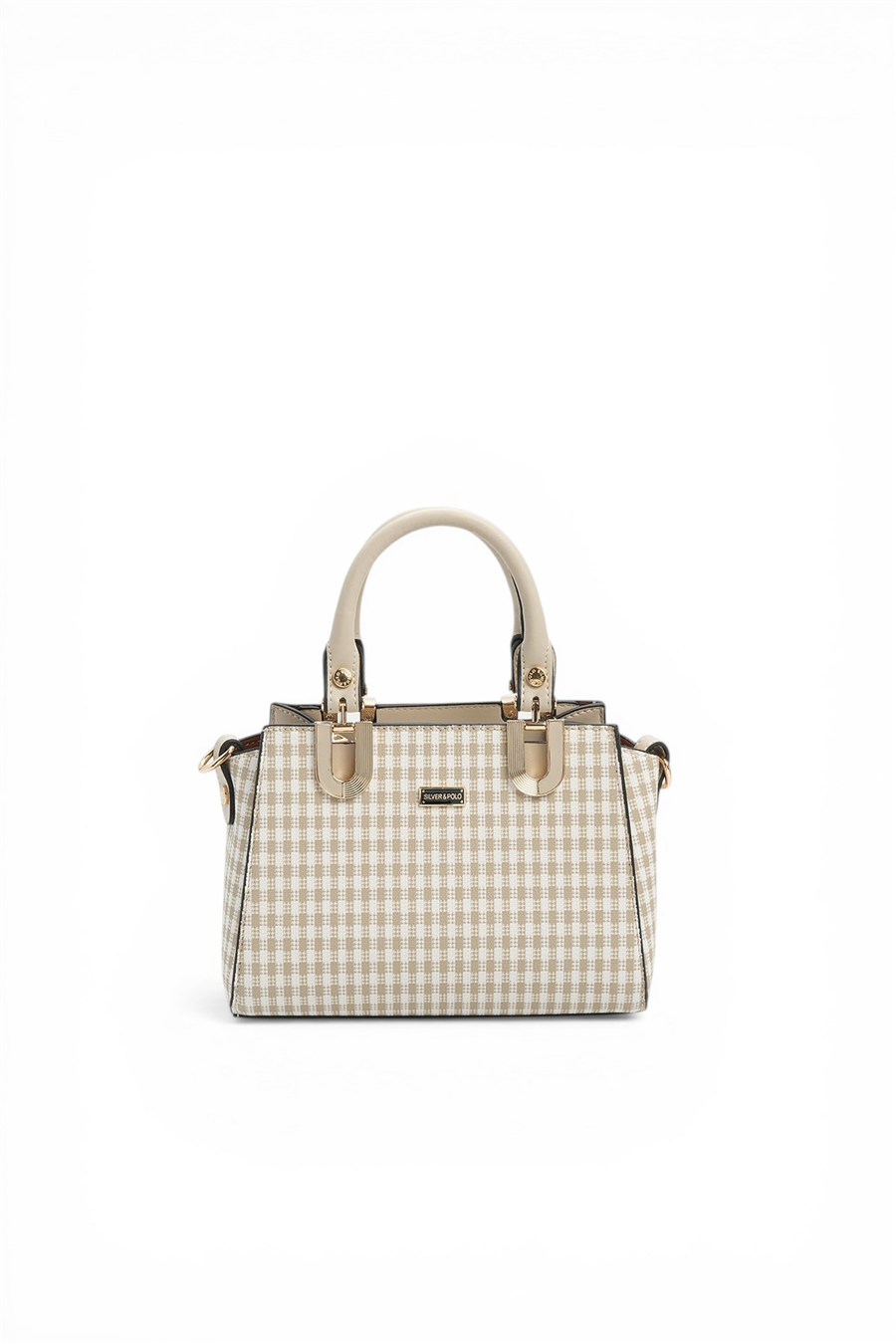 Silver & Polo SP1281 Kadın El Çantası Ekose Line Kare Kum Beji-Kum Beji