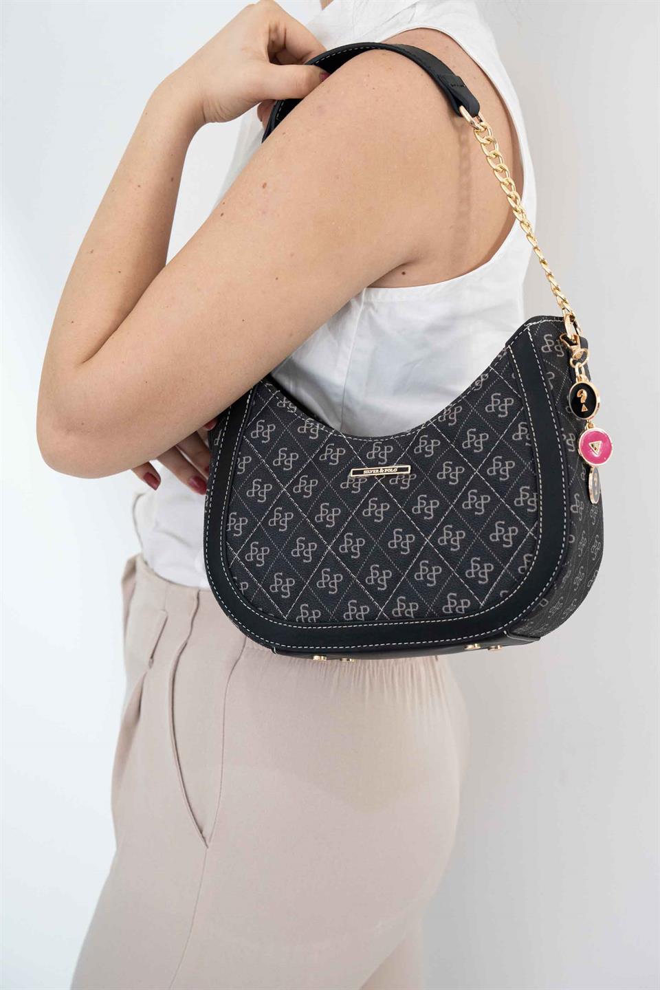 Silver & Polo SP1168 Kadın Omuz Çantası Monogram Füme-Siyah