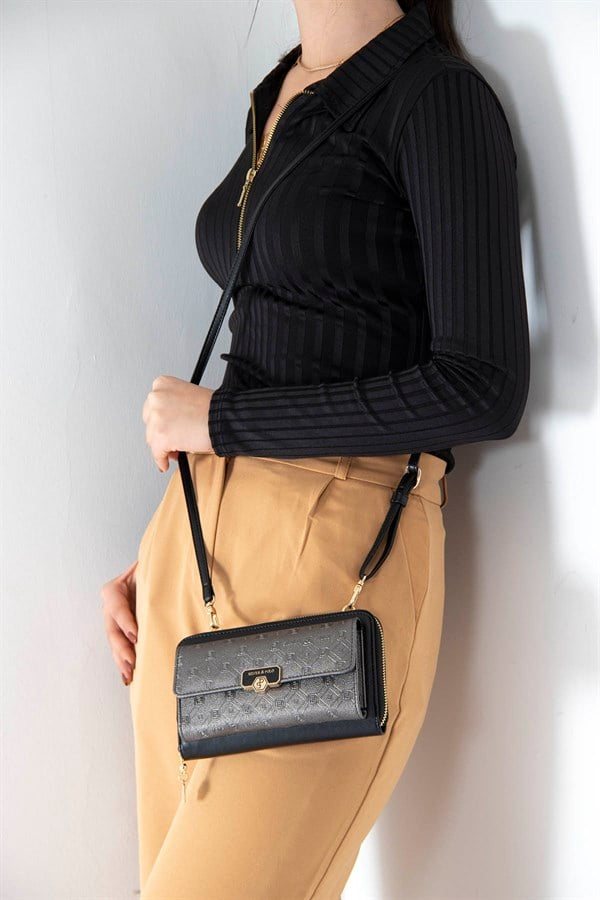 Silver & Polo SP921 Kadın Telefon Çantası Logolu Platin-Siyah