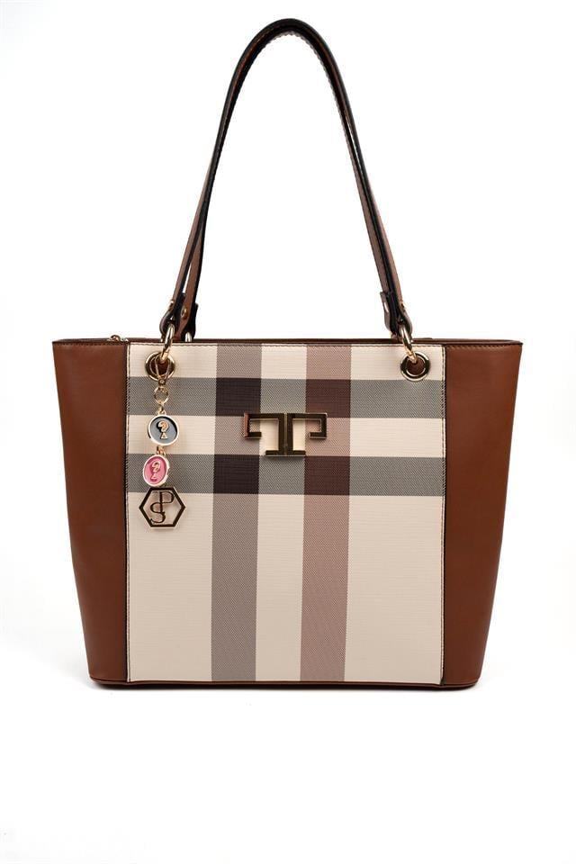 Silver Polo SP1176 Kadın Omuz Çantası Ekose Krem-Taba