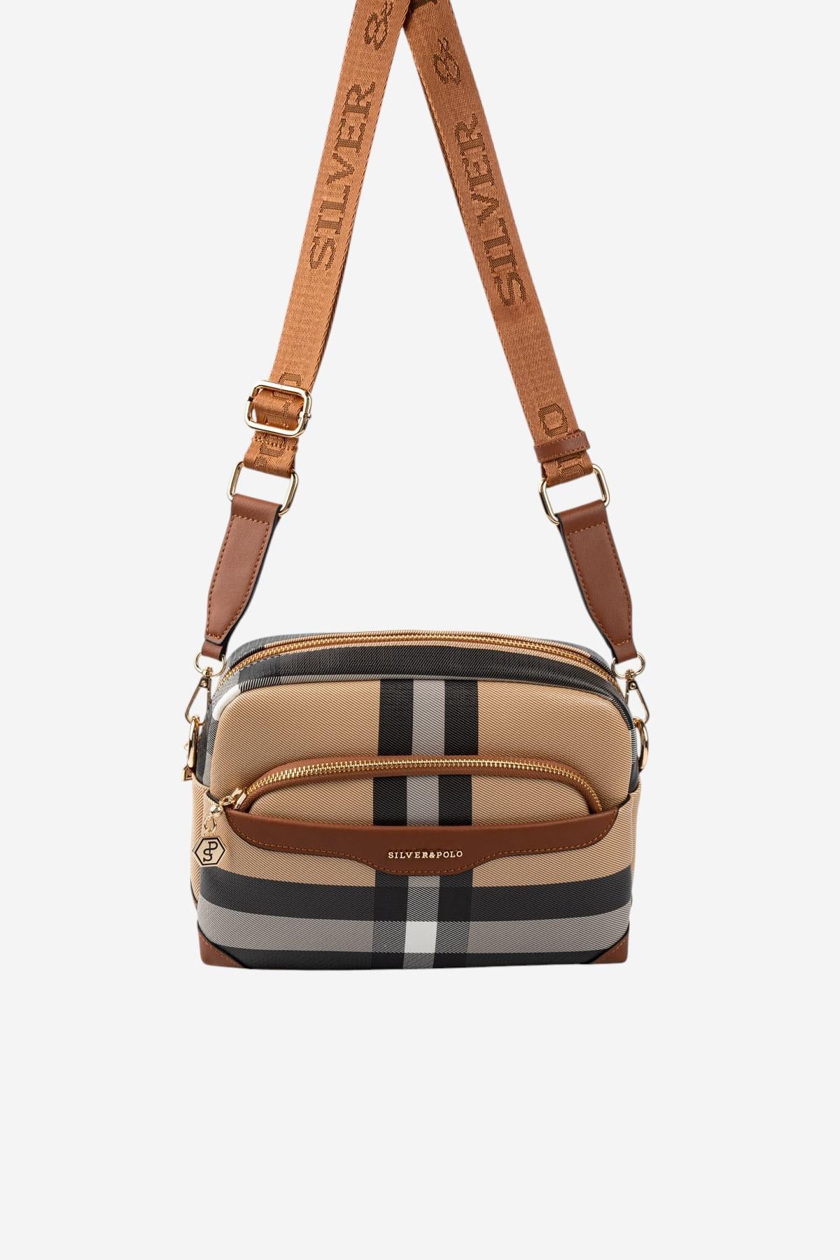 Silver & Polo SP1201 Kadın Çapraz Çanta Ekose Bej-Taba