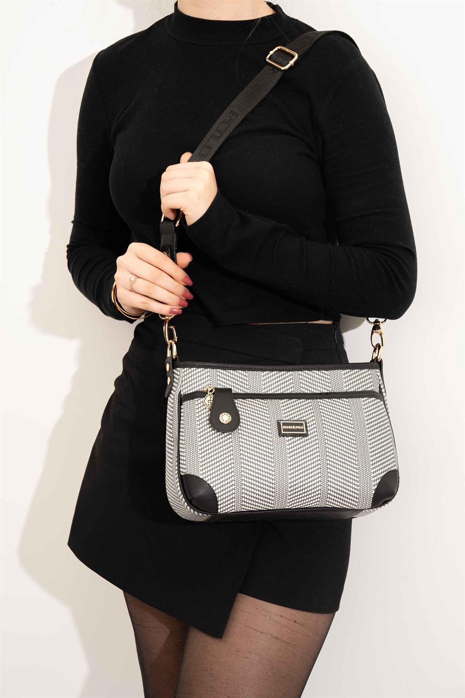Silver & Polo SP1160 Kadın Çapraz Çanta Hasır Siyah Beyaz-Siyah