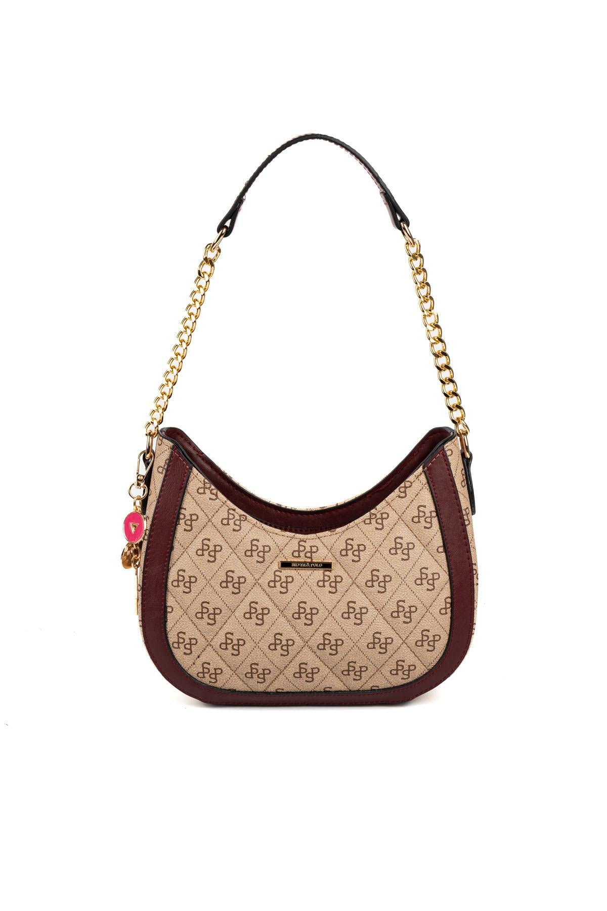 Silver & Polo SP1168 Kadın Omuz Çantası Monogram Koyu Bej-Bordo