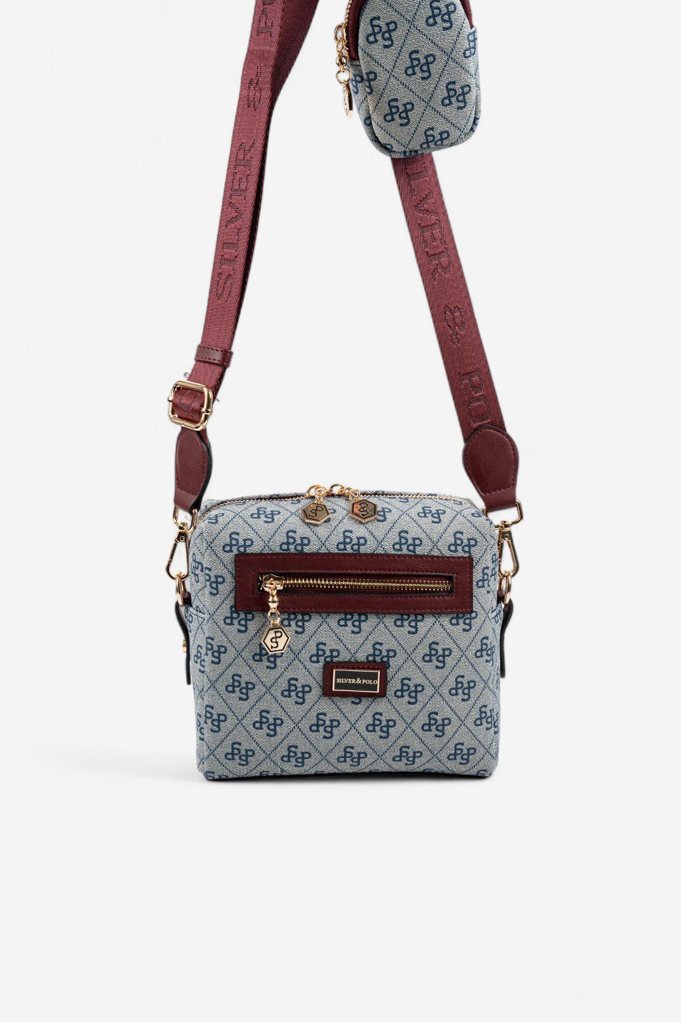 Silver & Polo SP1038 Kadın Çapraz Çanta Monogram Gri-Bordo