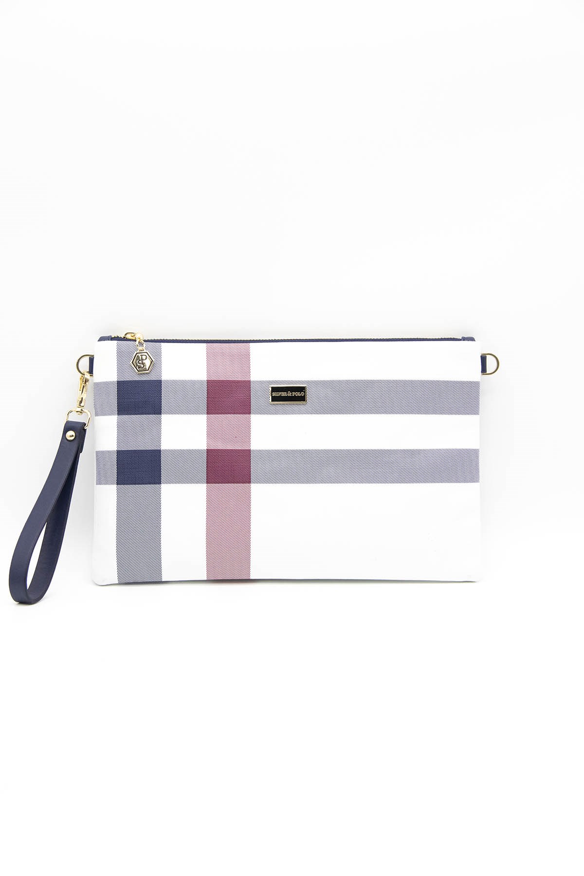 Silver & Polo SP1034 Kadın Portföy & Clutch Ekose Beyaz-Lacivert