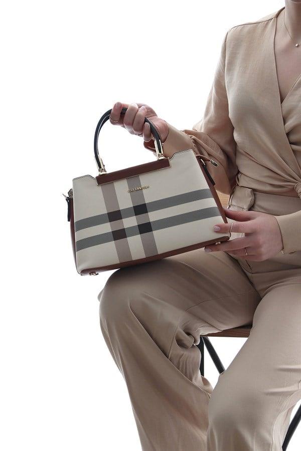 Silver & Polo SP913 Kadın El Çantası Ekose Krem-Taba