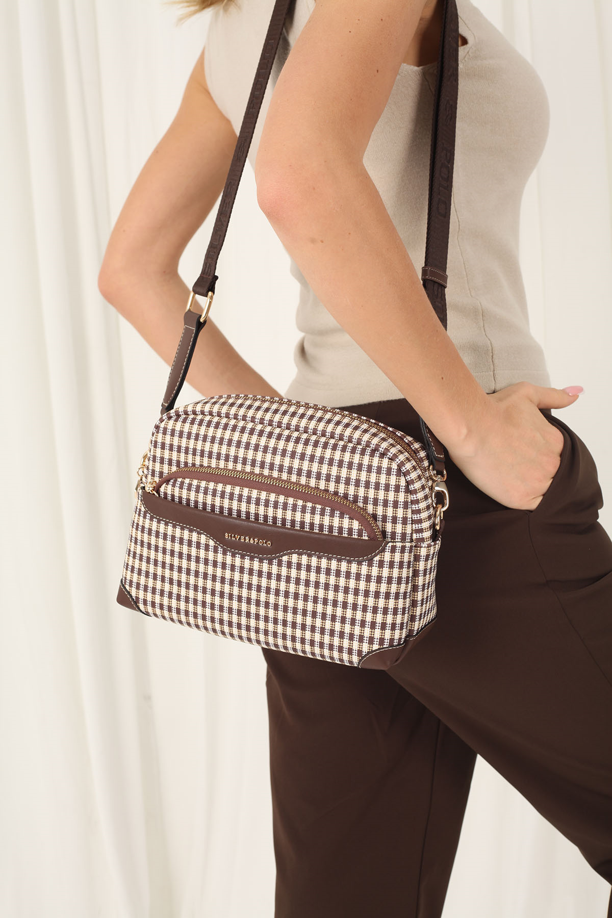 Silver & Polo SP1201 Kadın Çapraz Çanta Ekose Line Kare Kahve Sarı-Kahve