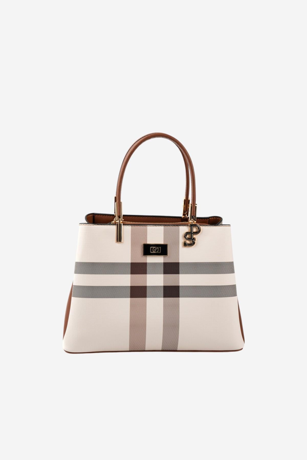 Silver & Polo SP1098 Kadın El Çantası Ekose Krem-Taba