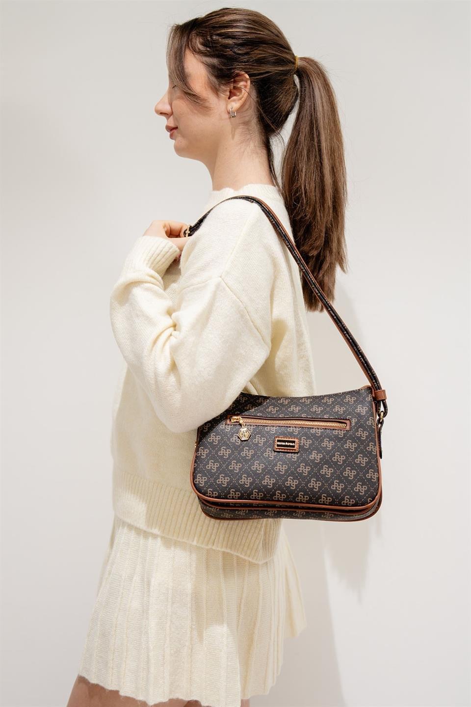 Silver & Polo SP818 Kadın Çapraz Çanta Monogram Kahve Sarı-Taba