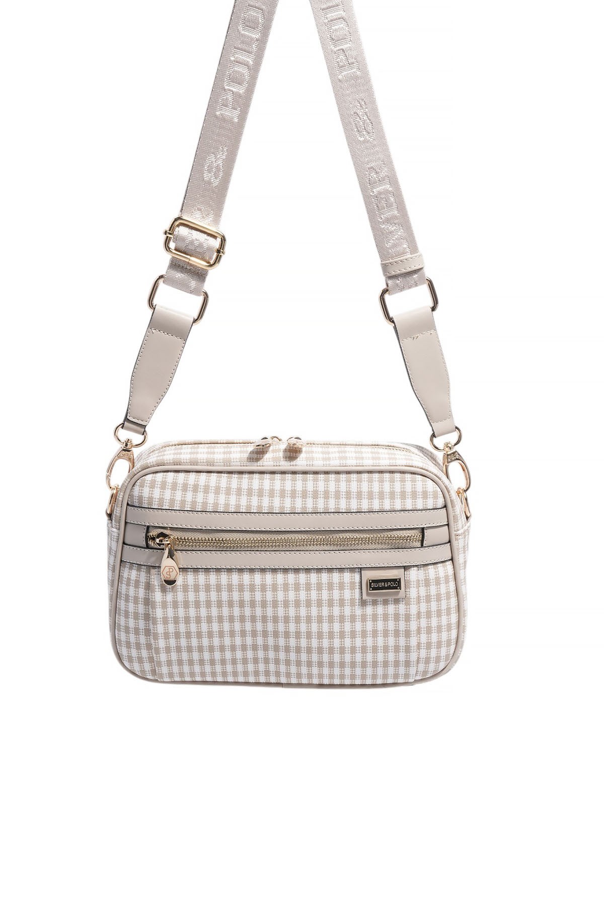 Silver & Polo SP1280 Kadın Çapraz Çanta Ekose Line Kare Kum Beji-Kum Beji