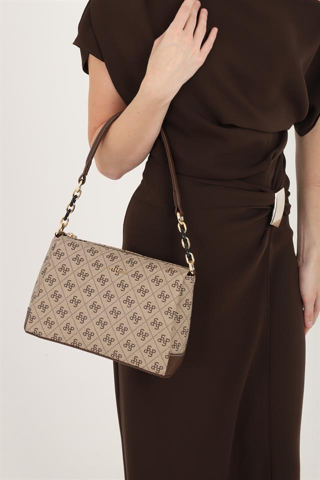 Silver & Polo SP910 Kadın Çapraz Çanta Monogram Koyubej-Kahve