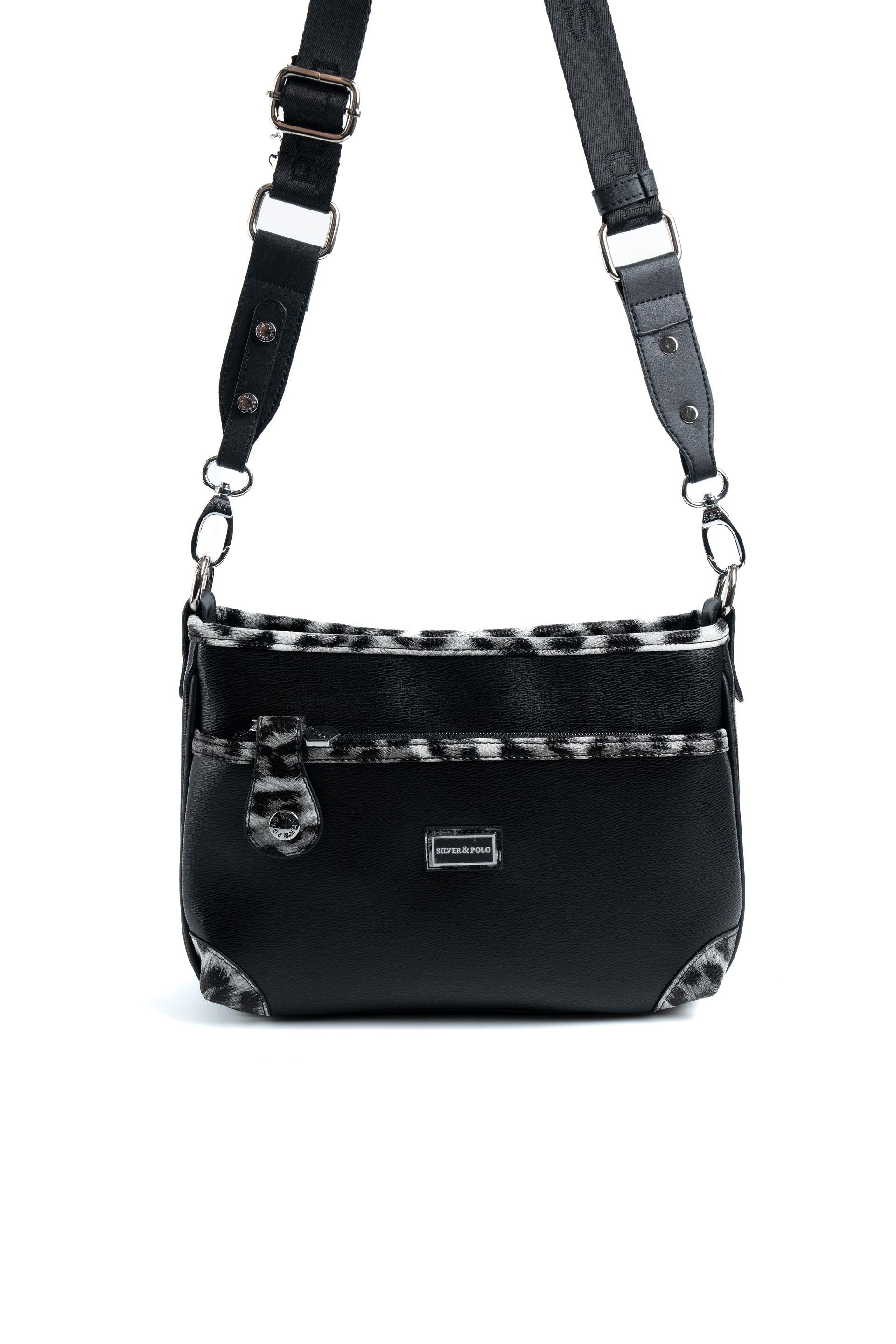 Silver & Polo SP1160 Kadın Çapraz Çanta Düz Siyah-Leopar Gri