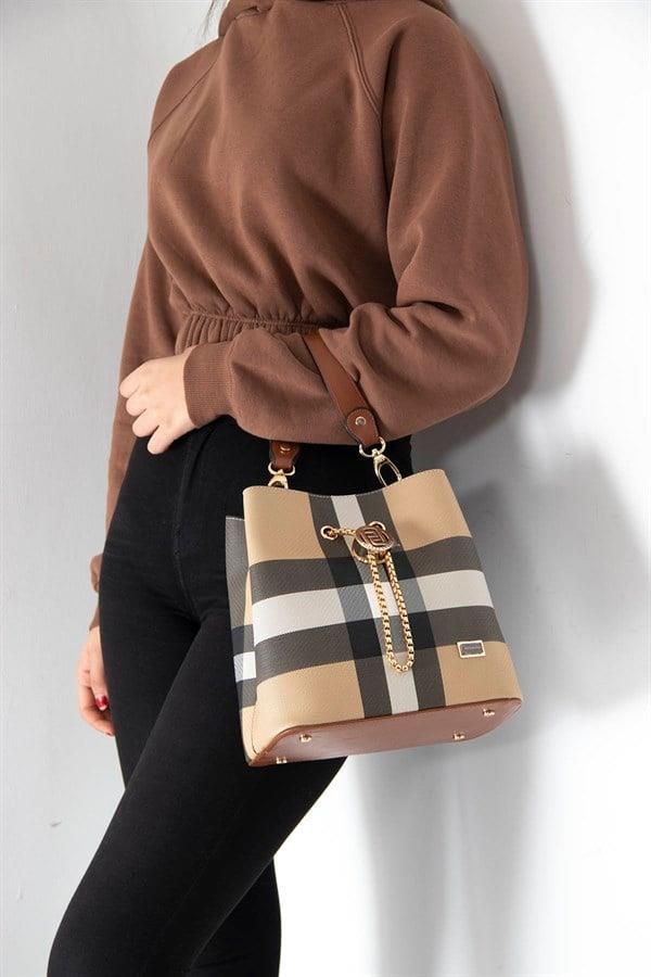 Silver & Polo SP967 Kadın Çapraz Çanta Ekose Bej-Taba