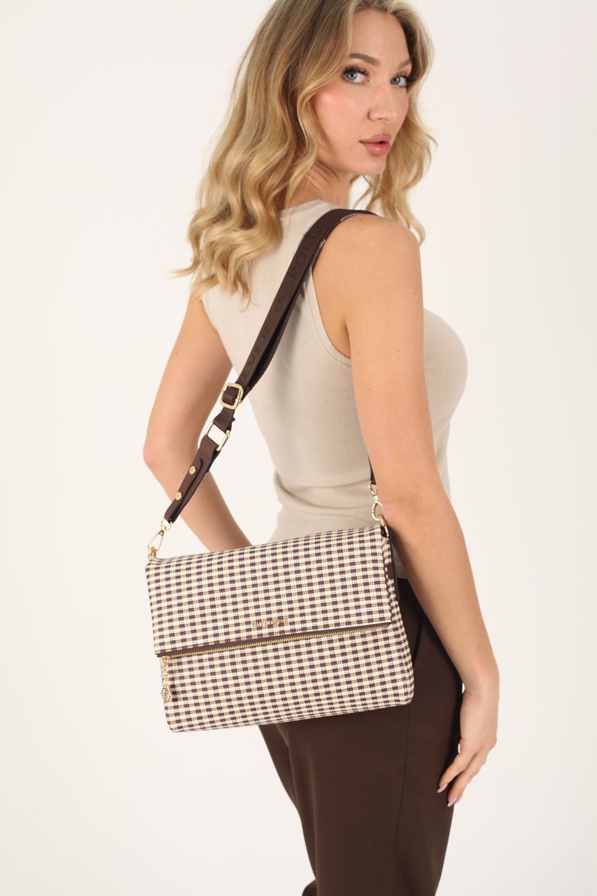 Silver & Polo SP963 Kadın Çapraz Çanta Ekose Line Kare Kahve Sarı-Kahve
