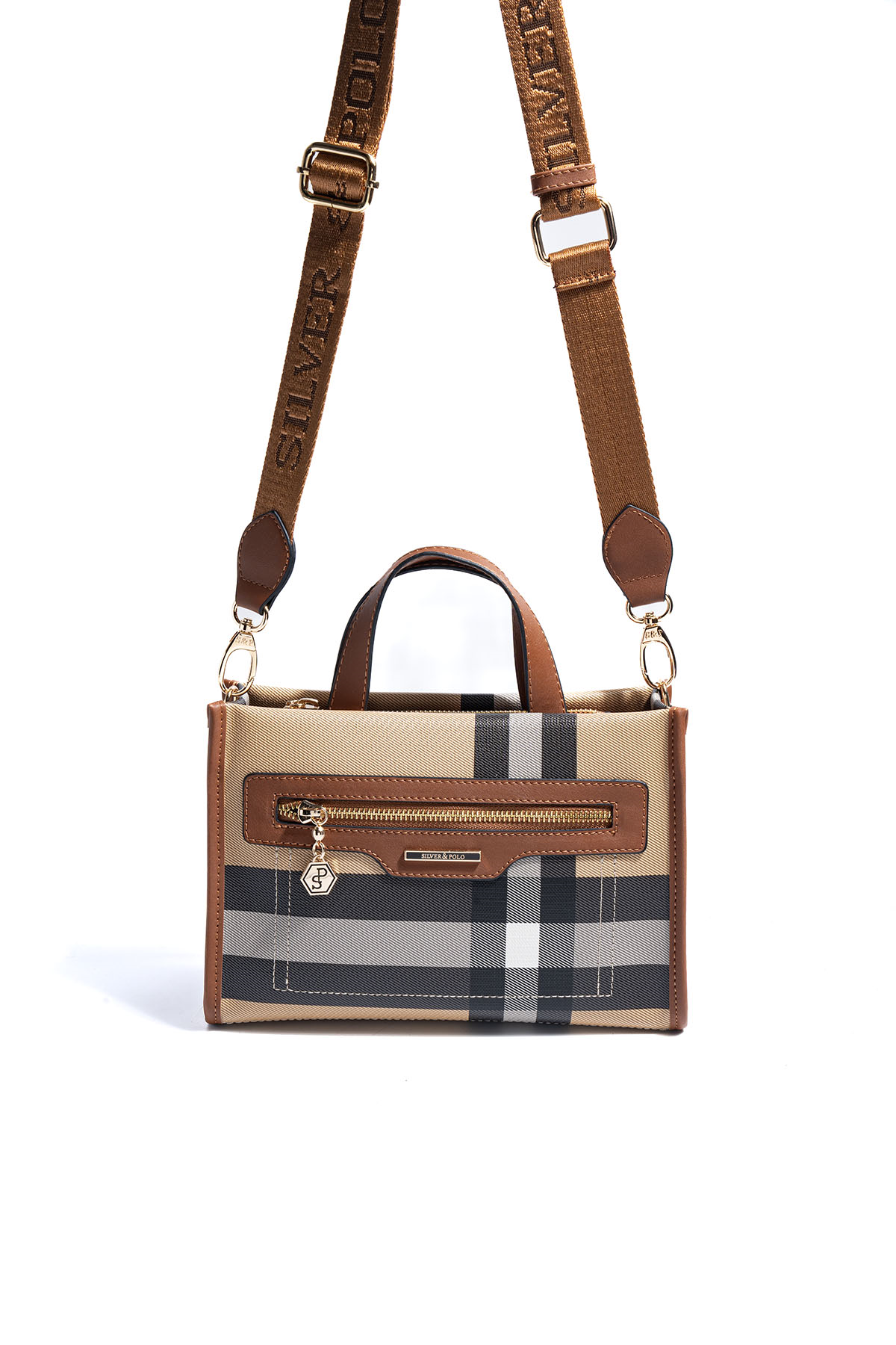 Silver & Polo SP1271 Kadın El Çantası Ekose Bej-Taba