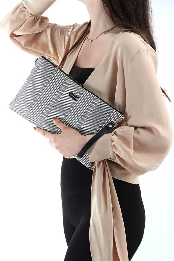 Silver & Polo SP1034 Kadın Portföy & Clutch Hasır Siyah Beyaz-Siyah