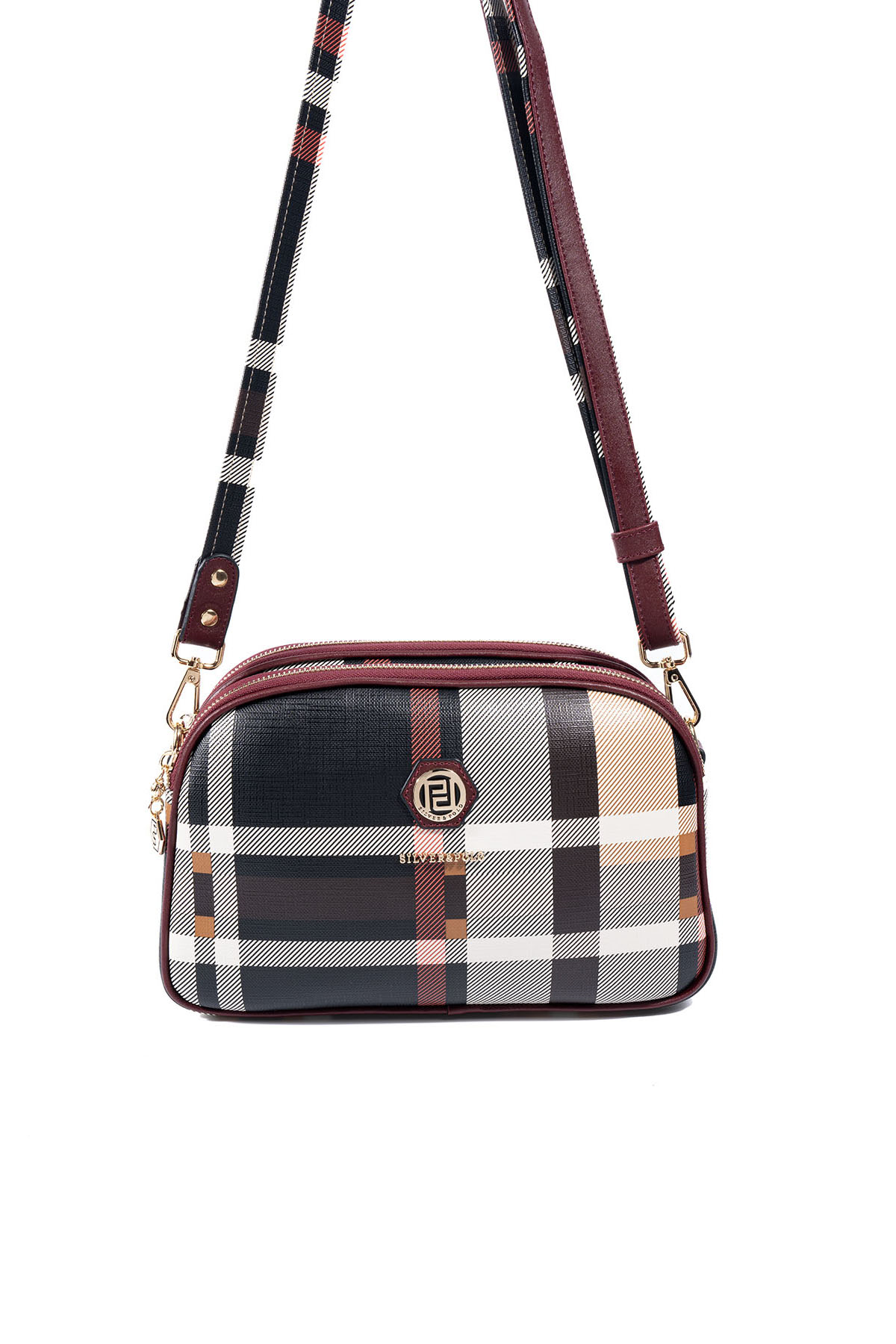 Silver & Polo SP745 Kadın Çapraz Çanta Ekose Siyah-Bordo