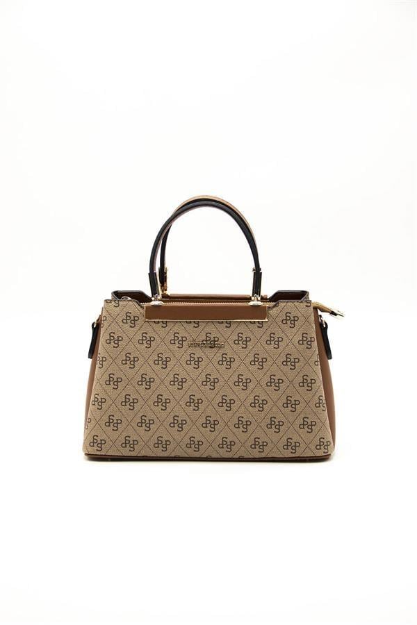 Silver & Polo SP913 Kadın El Çantası Monogram Koyu Bej-Taba