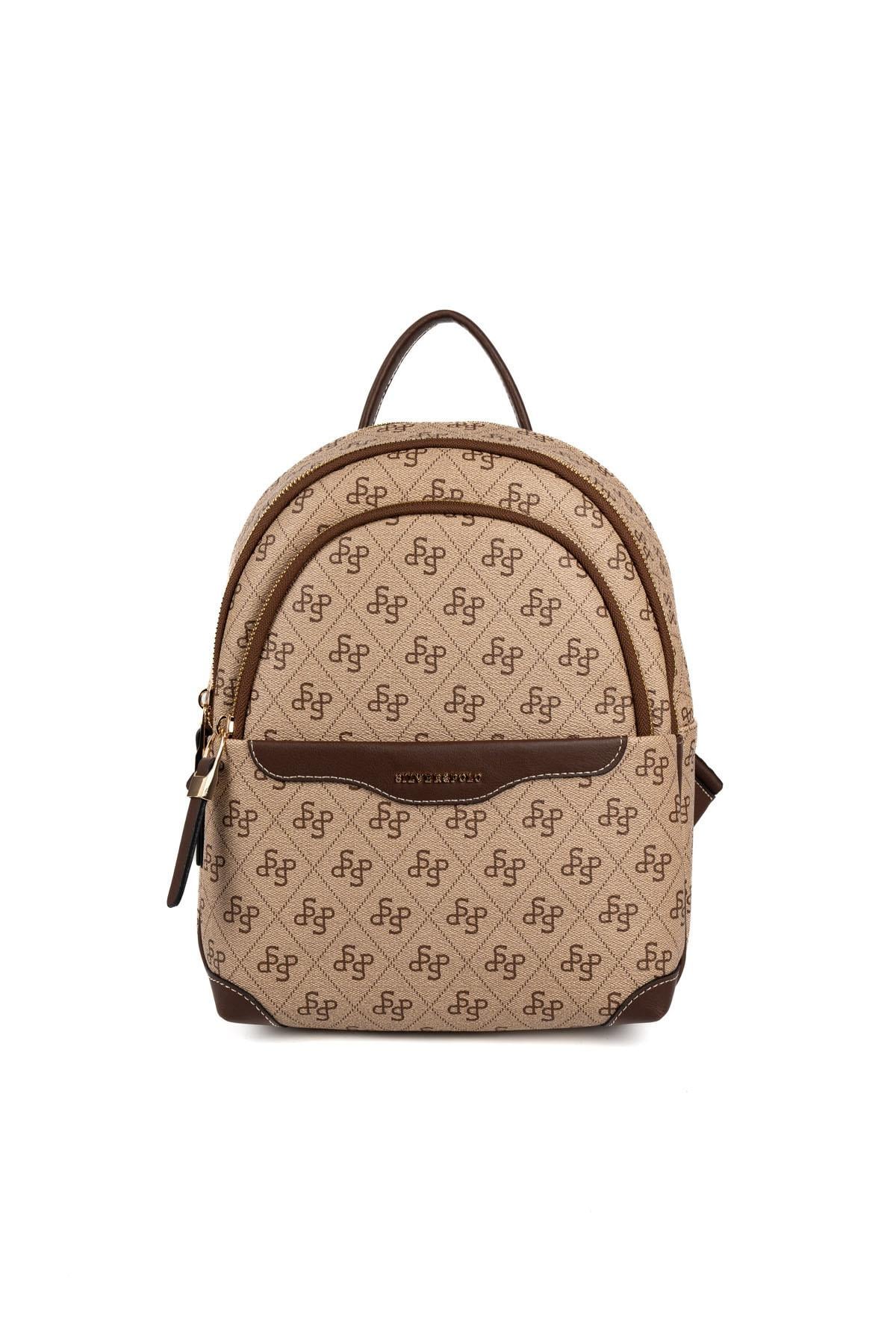 Silver & Polo SP1265 Kadın Sırt Çantası Monogram Koyu Bej-Kahve