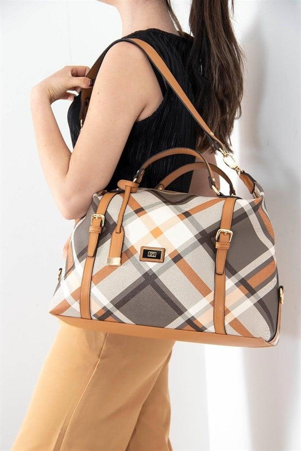 Silver Polo SP1064 Kadın Seyahat Çantası Ekose Haki-Camel