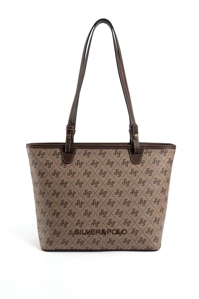 Silver & Polo SP1204 Kadın Omuz Çantası Monogram Koyubej-Kahve