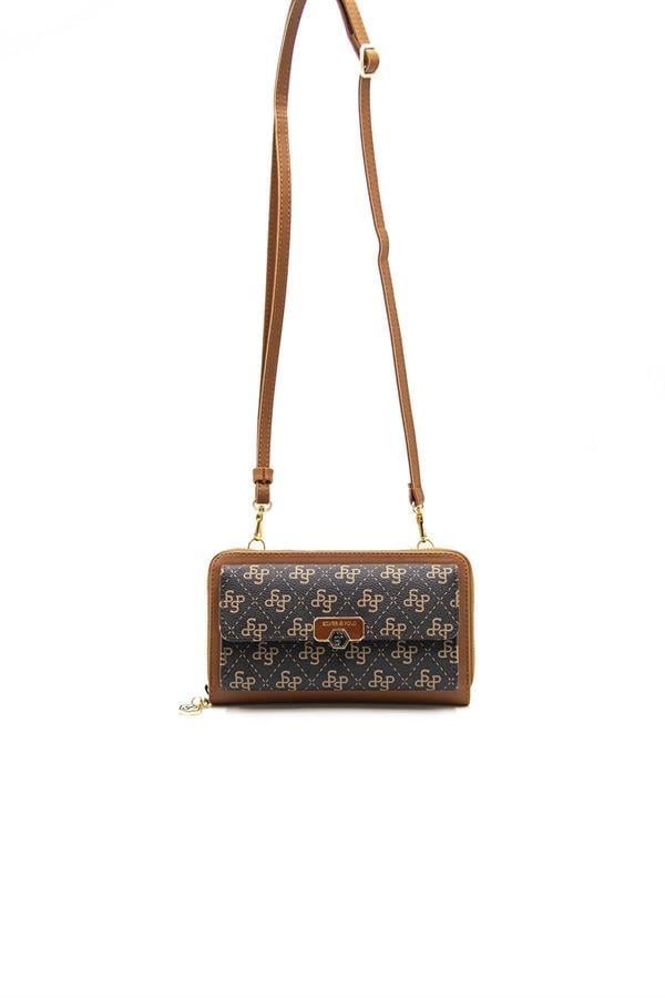 Silver & Polo SP921 Kadın Telefon Çantası Monogram Kahve Sarı-Taba