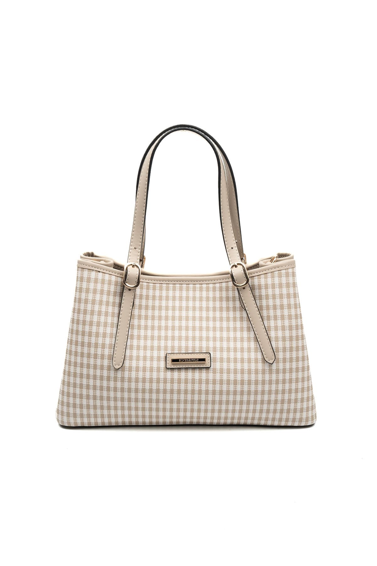 Silver & Polo SP1252 Kadın El Çantası Ekose Line Kare Kum Beji-Kum Beji