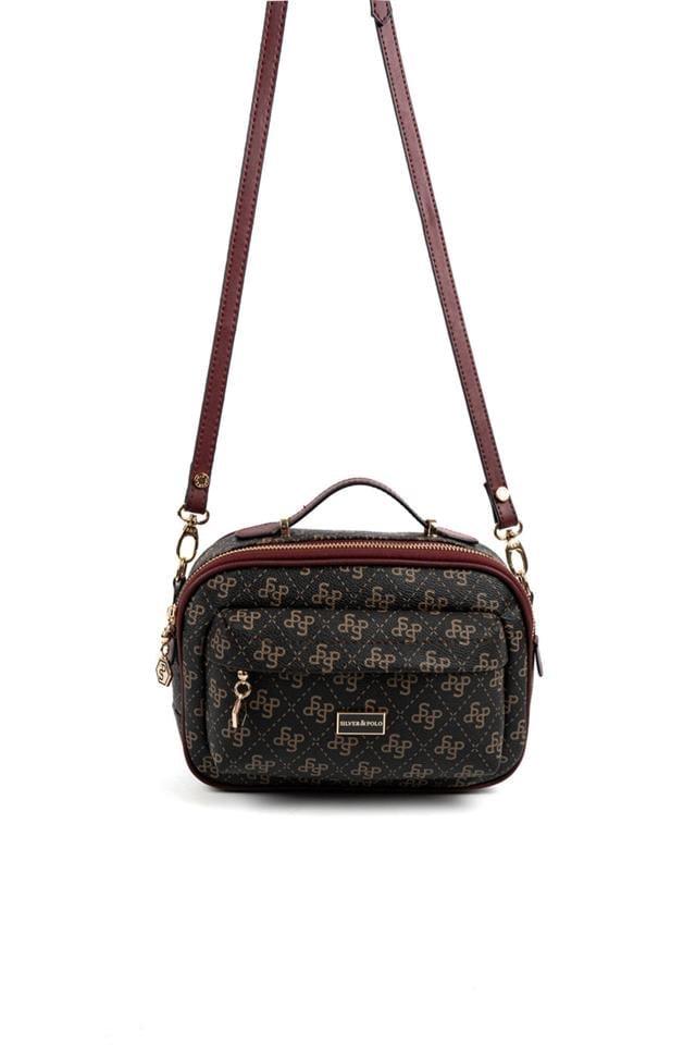 Silver & Polo SP1186 Kadın Çapraz Çanta Monogram Kahve Sarı-Bordo