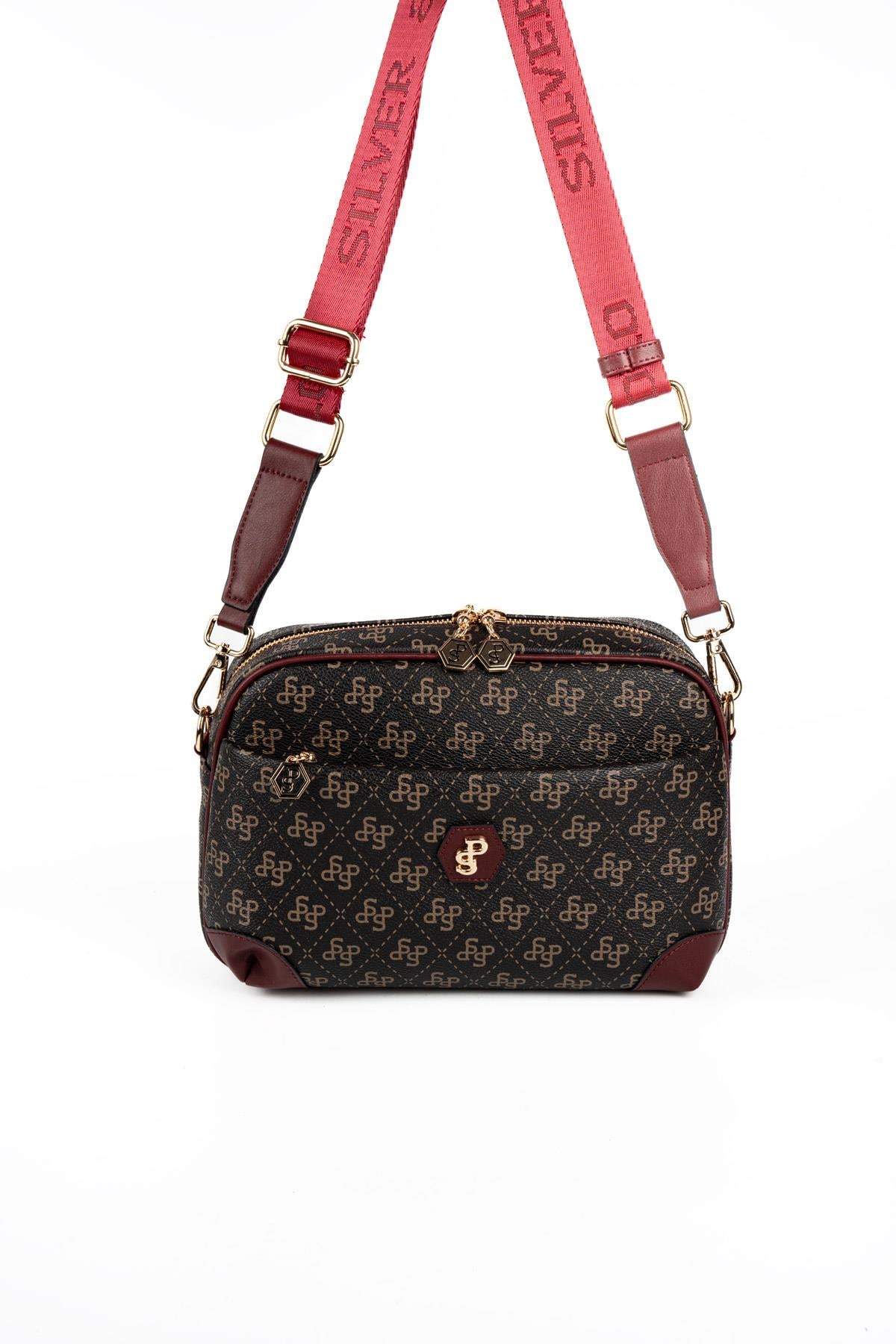 Silver & Polo SP1094 Kadın Çapraz Çanta Monogram Kahve Sarı-Bordo