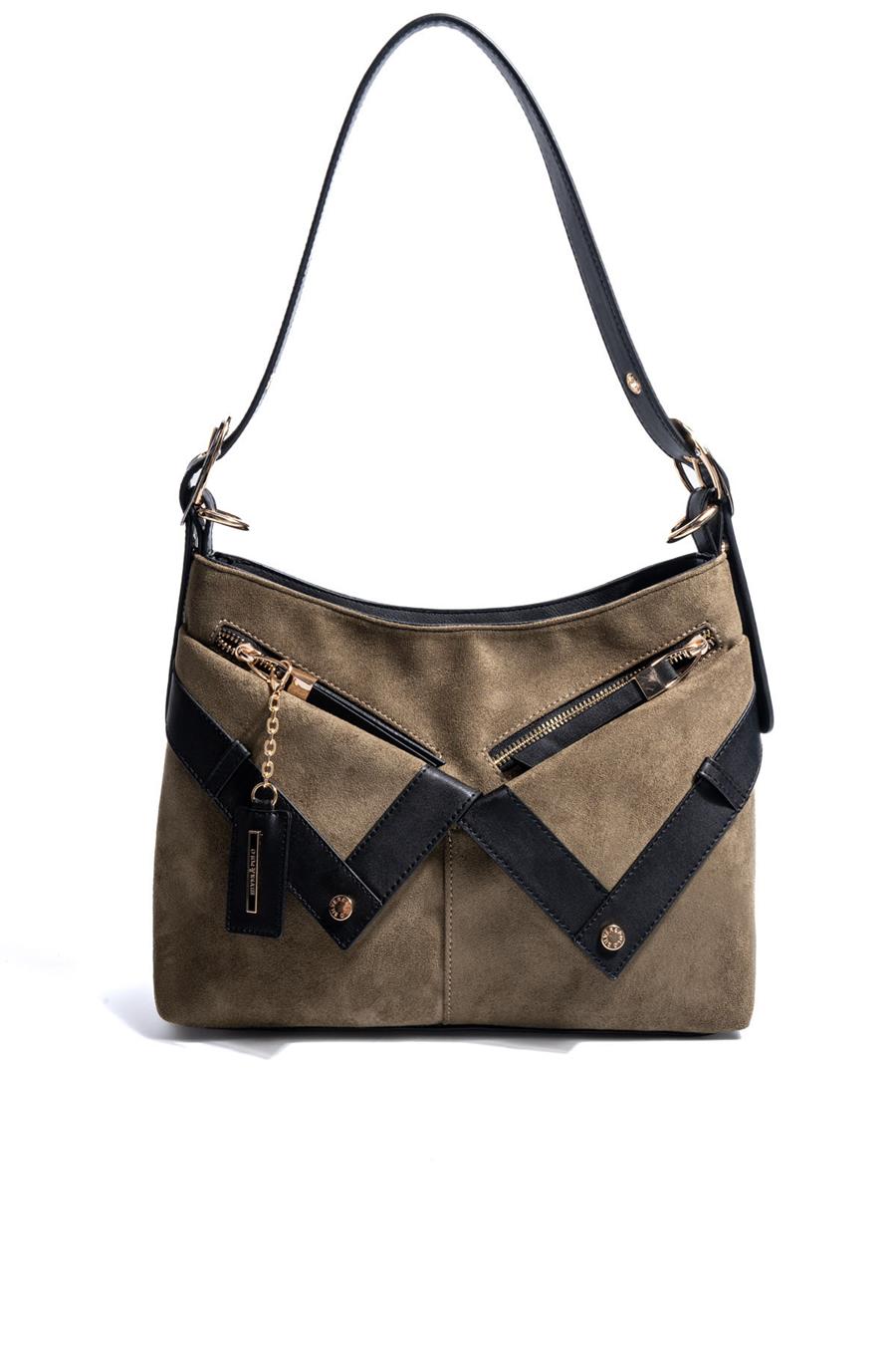 Silver & Polo SP1268 Kadın Omuz Çantası Süet Haki-Siyah
