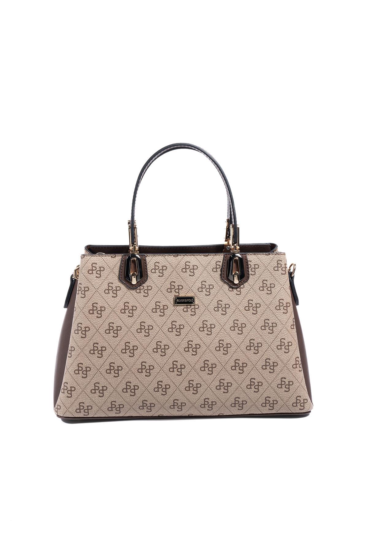 Silver & Polo SP1253 Kadın El Çantası Monogram Koyu Bej-Kahve