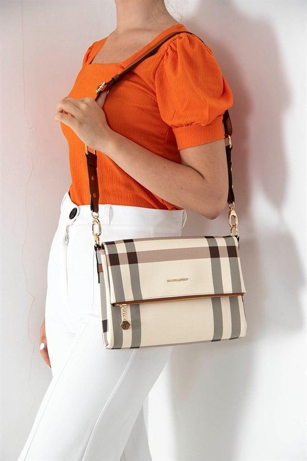 Silver & Polo SP963 Kadın Çapraz Çanta Ekose Krem-Taba