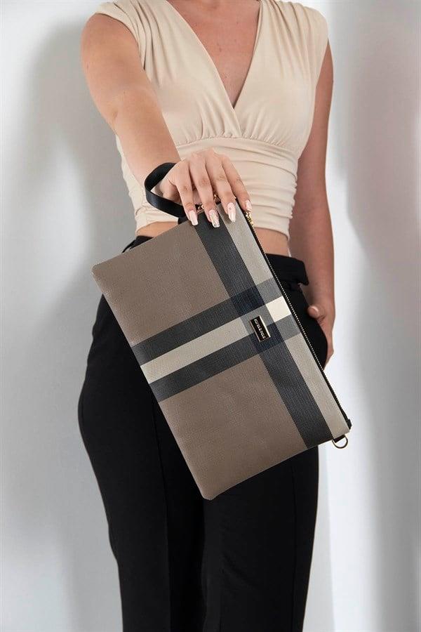 Silver Polo Kahve - Siyah Ekose Kadın Portföy ve Clutch El Çantası SP1034