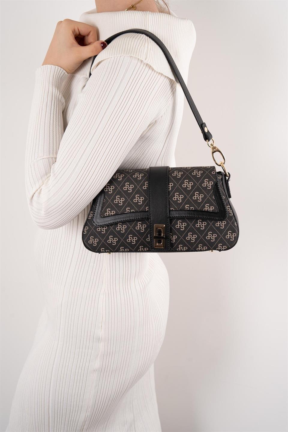 Silver Polo SP1177 Kadın Omuz Çantası Monogram Füme-Siyah