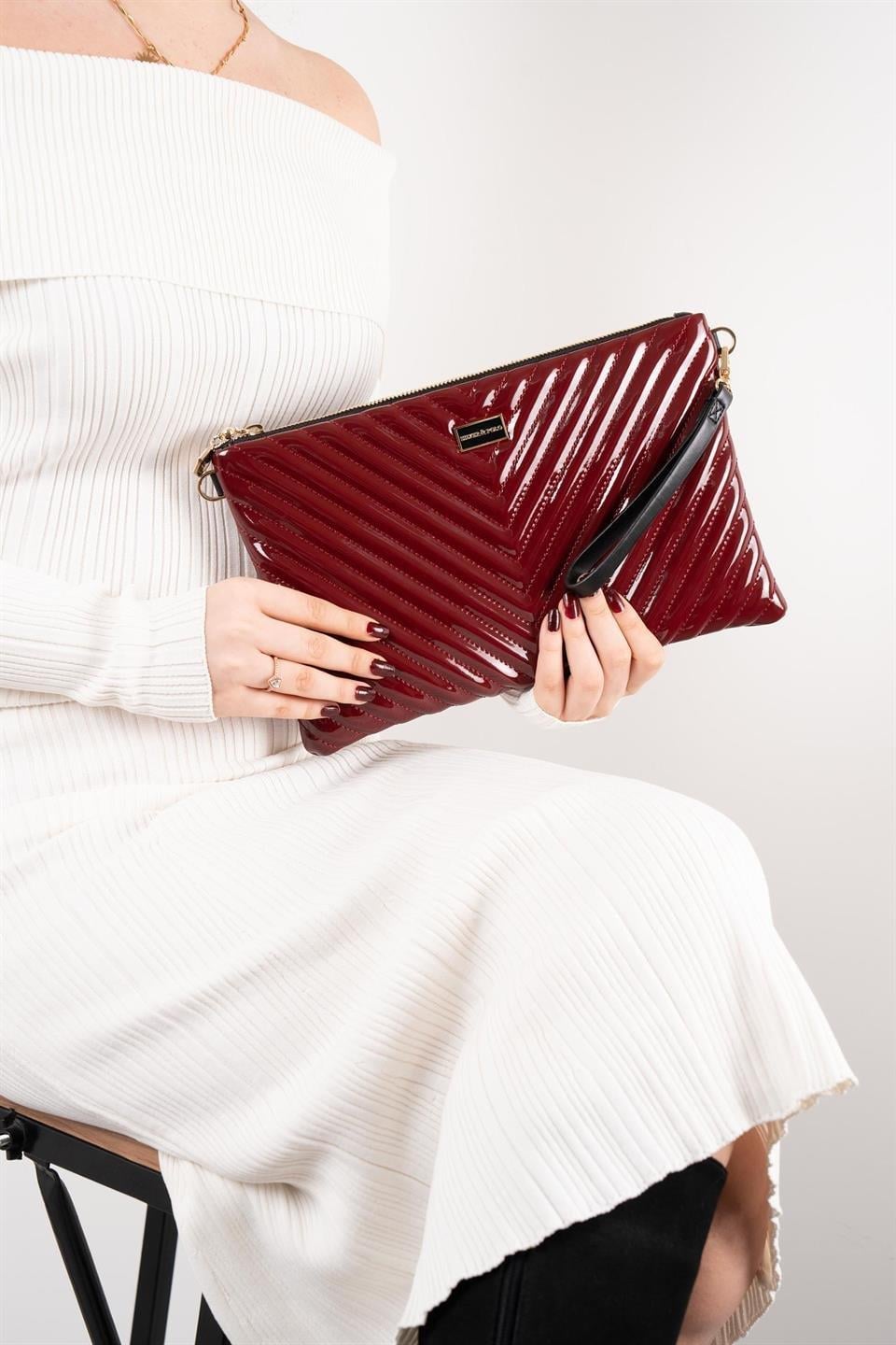 Silver & Polo SP1034 Kadın Portföy & Clutch Kapitone V Rugan Bordo