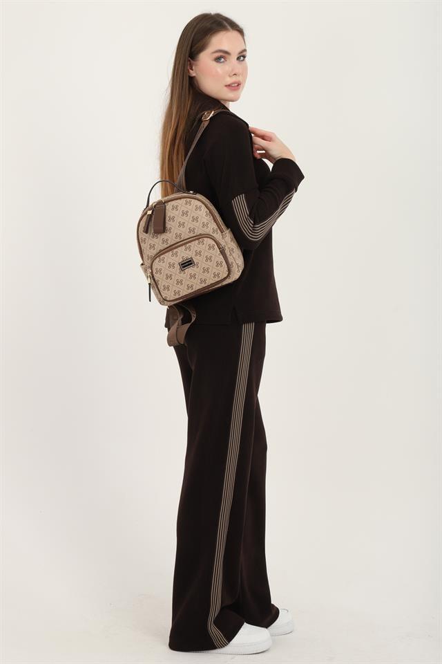 Silver & Polo SP1130 Kadın Sırt Çantası Monogram Koyubej-Kahve