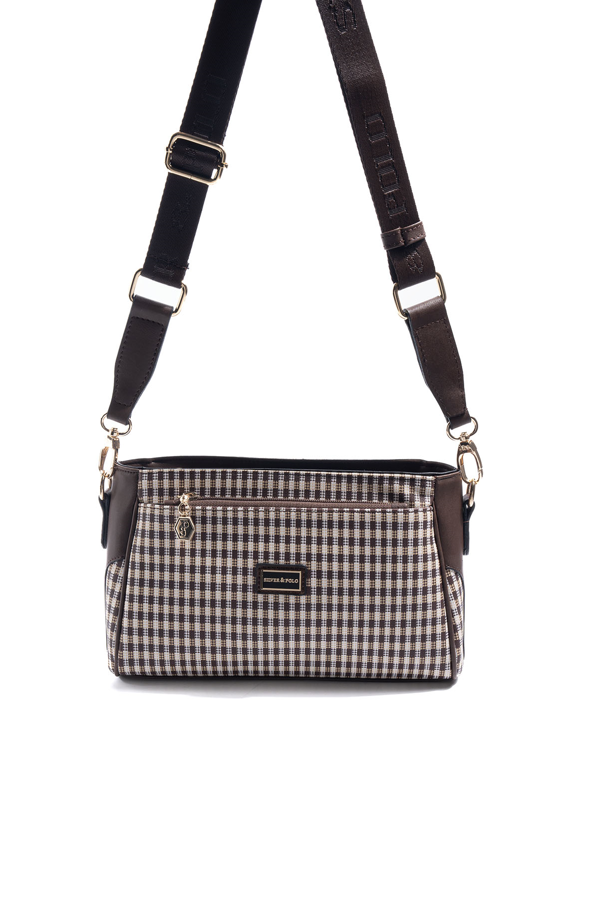 Silver & Polo SP1273 Kadın Çapraz Çanta Ekose Line Kare Kahve Sarı-Kahve