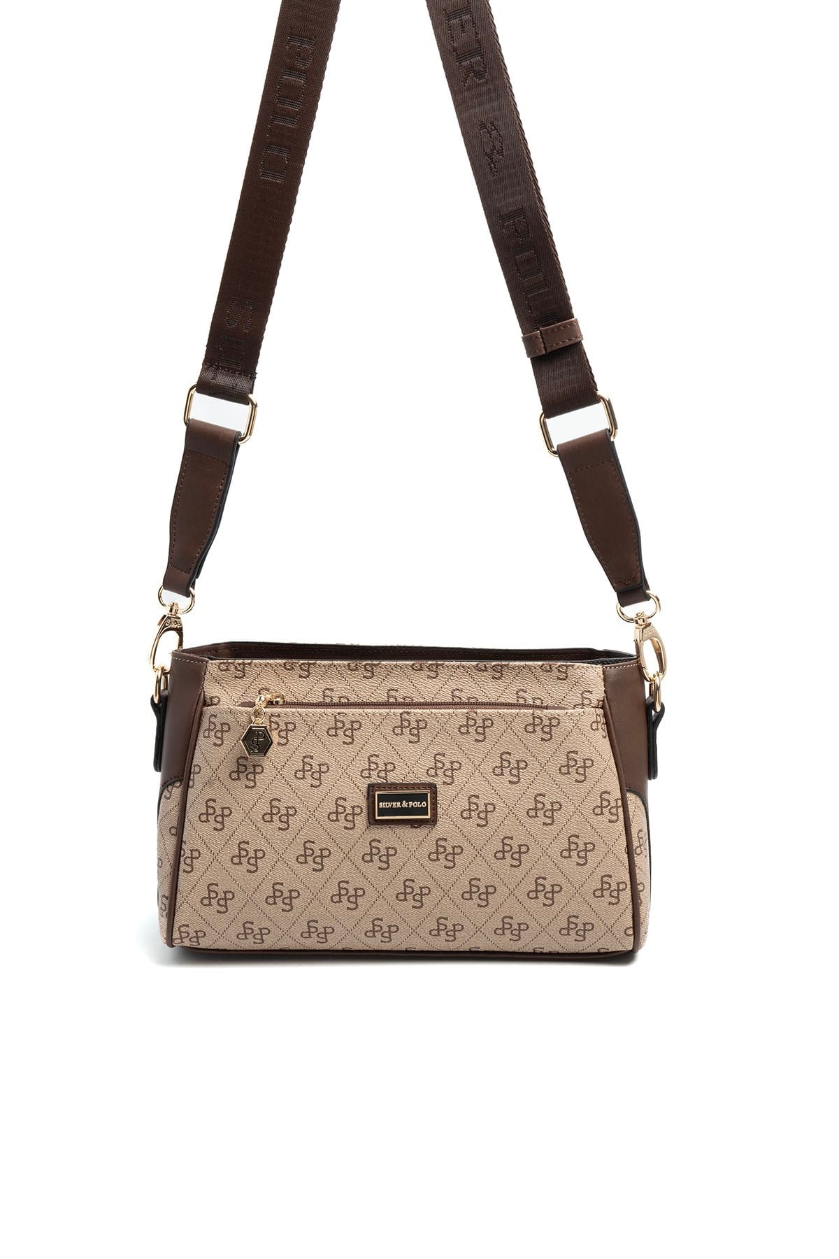 Silver & Polo SP1273 Kadın Çapraz Çanta Monogram Koyu Bej-Kahve