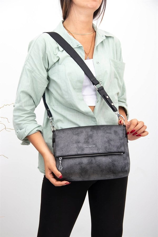 Silver & Polo SP963 Kadın Çapraz Çanta Petek M.Gümüş-Siyah