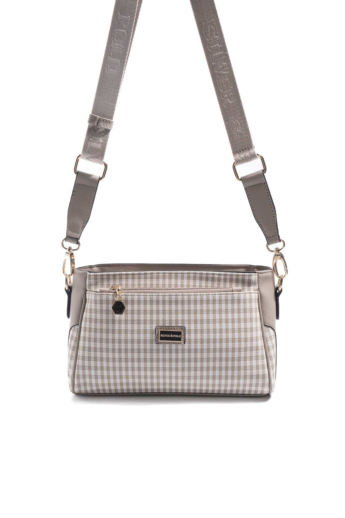 Silver & Polo SP1273 Kadın Çapraz Çanta Ekose Line Kare Kum Beji
