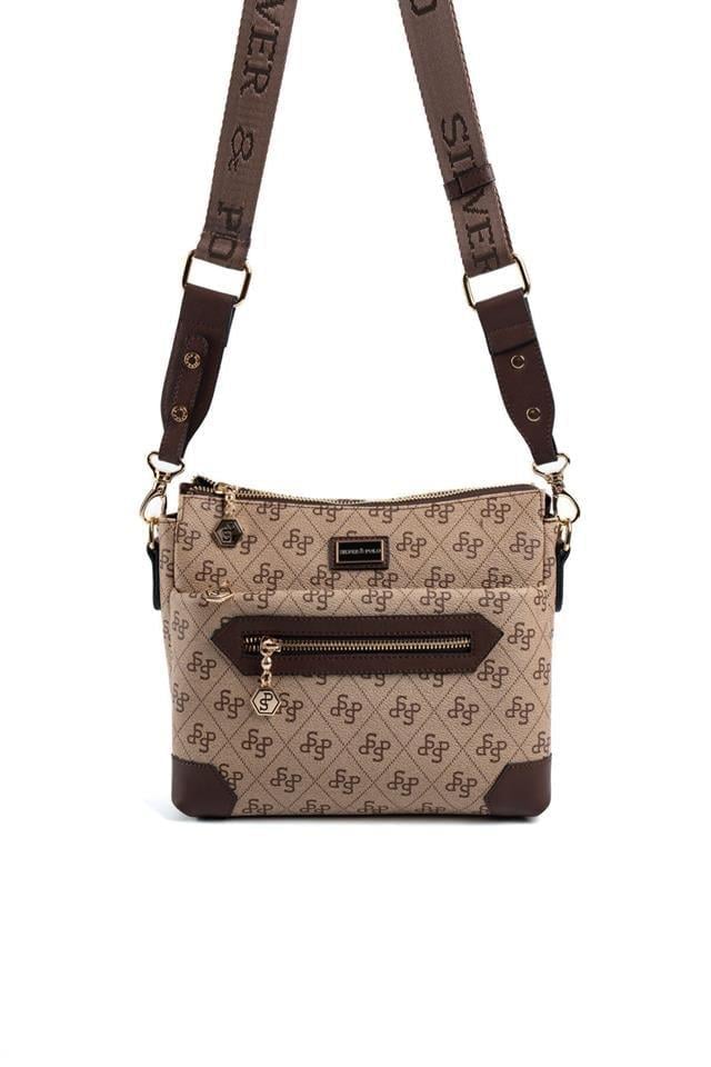 Silver & Polo SP1110 Kadın Çapraz Çanta Monogram Koyubej-Kahve