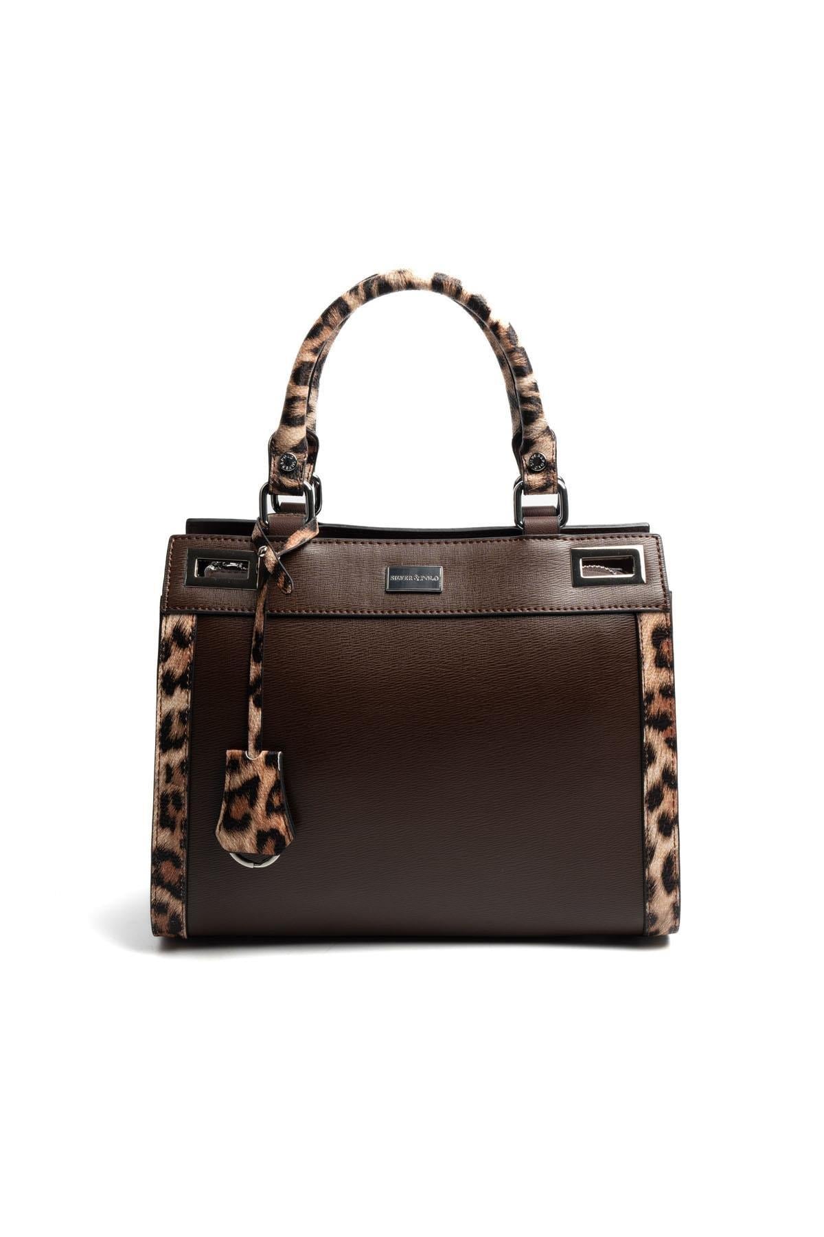 Silver & Polo SP1174 Kadın El Çantası Düz Kahve-Kahve-Leopar Taba
