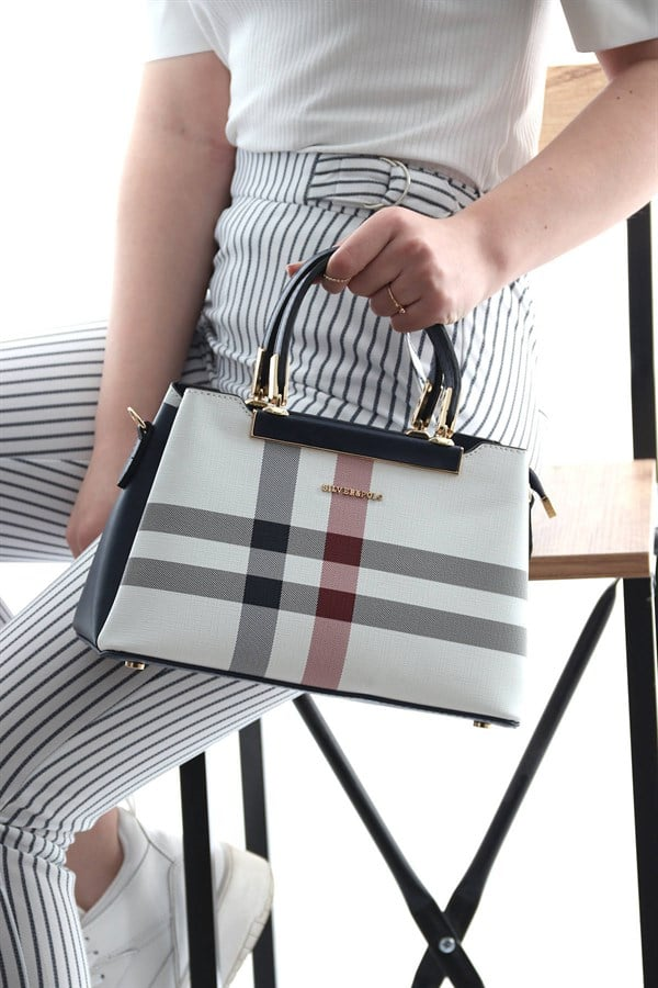 Silver & Polo SP913 Kadın El Çantası Ekose Beyaz-Lacivert