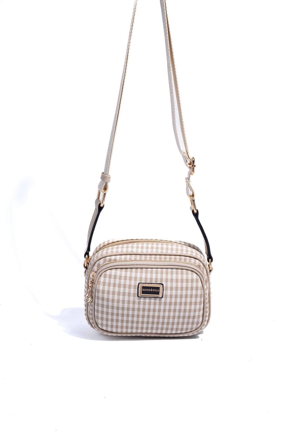 Silver & Polo SP1111 Kadın Çapraz Çanta Ekose Line Kare Kum Beji