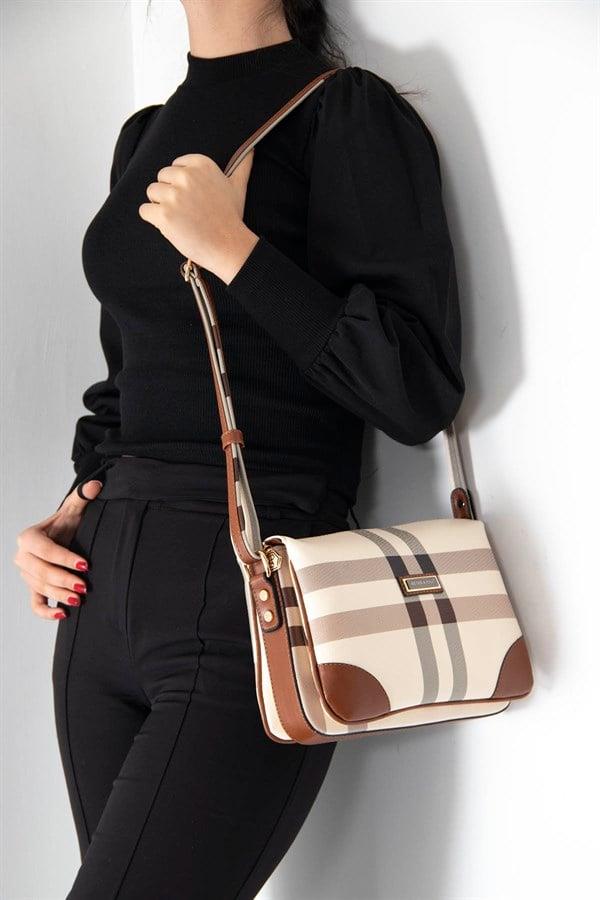 Silver & Polo SP784 Kadın Çapraz Çanta Ekose Krem-Taba