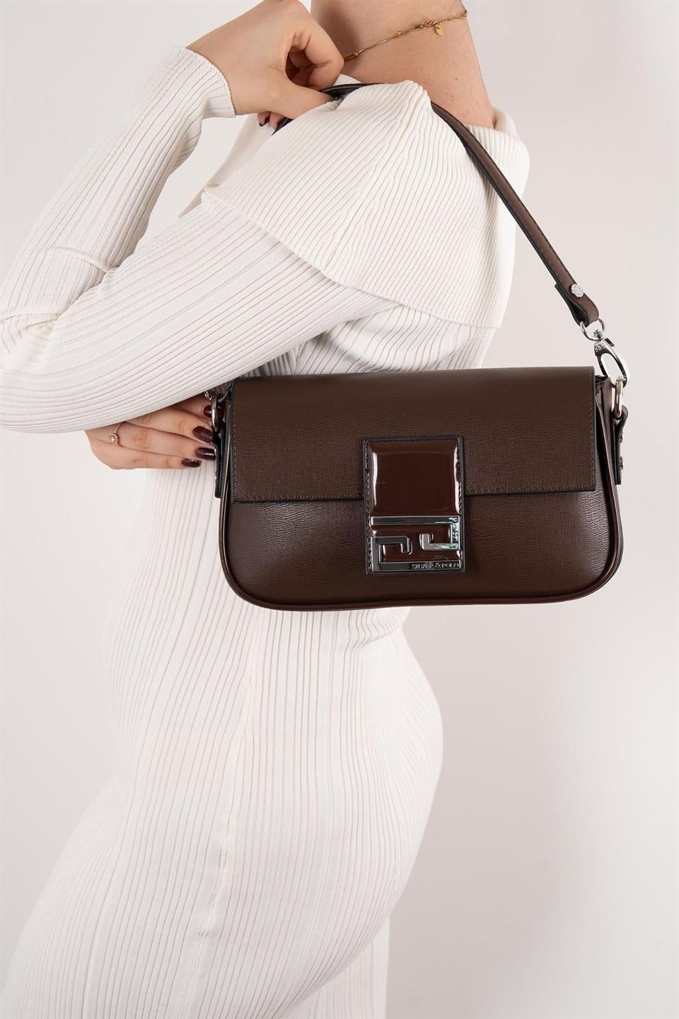Silver & Polo SP1179 Kadın Omuz Çantası Düz Kahve-Kahve-Rugan Kahve