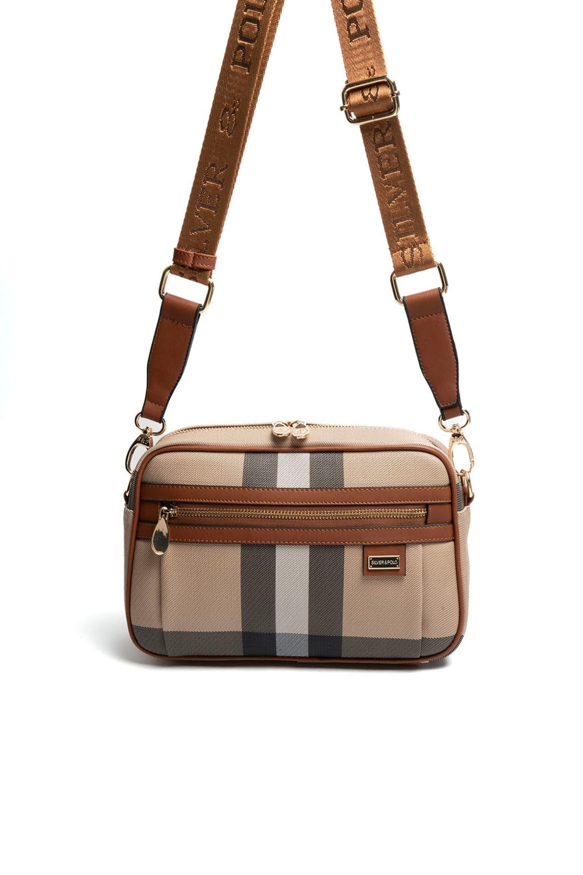 Silver & Polo SP1280 Kadın Çapraz Çanta Ekose Bej-Taba