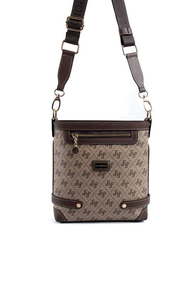 Silver & Polo SP1120 Kadın Çapraz Çanta Monogram Koyubej-Kahve