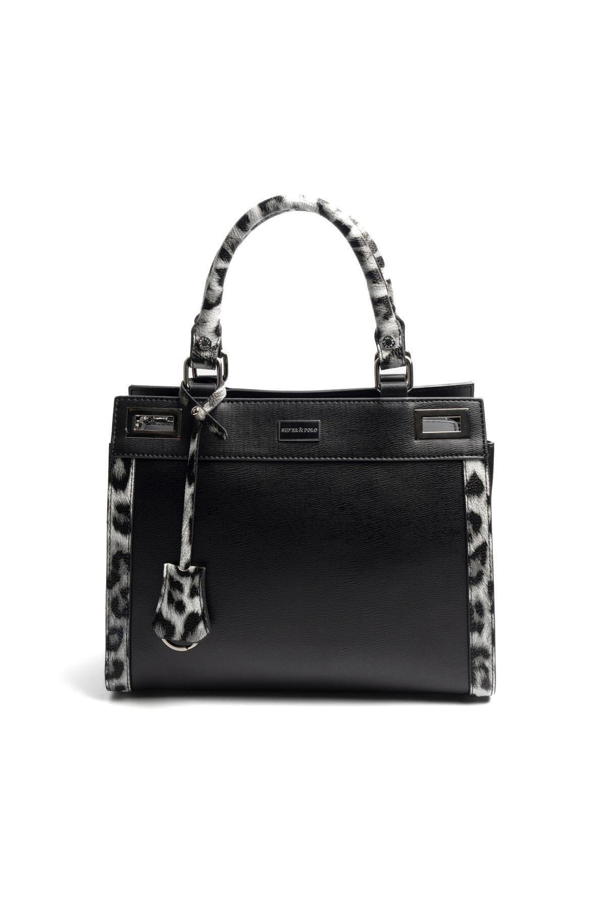 Silver & Polo SP1174 Kadın El Çantası Düz Siyah-Siyah-Leopar Gri