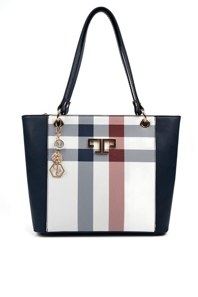 Silver Polo SP1176 Kadın Omuz Çantası Ekose Beyaz-Lacivert